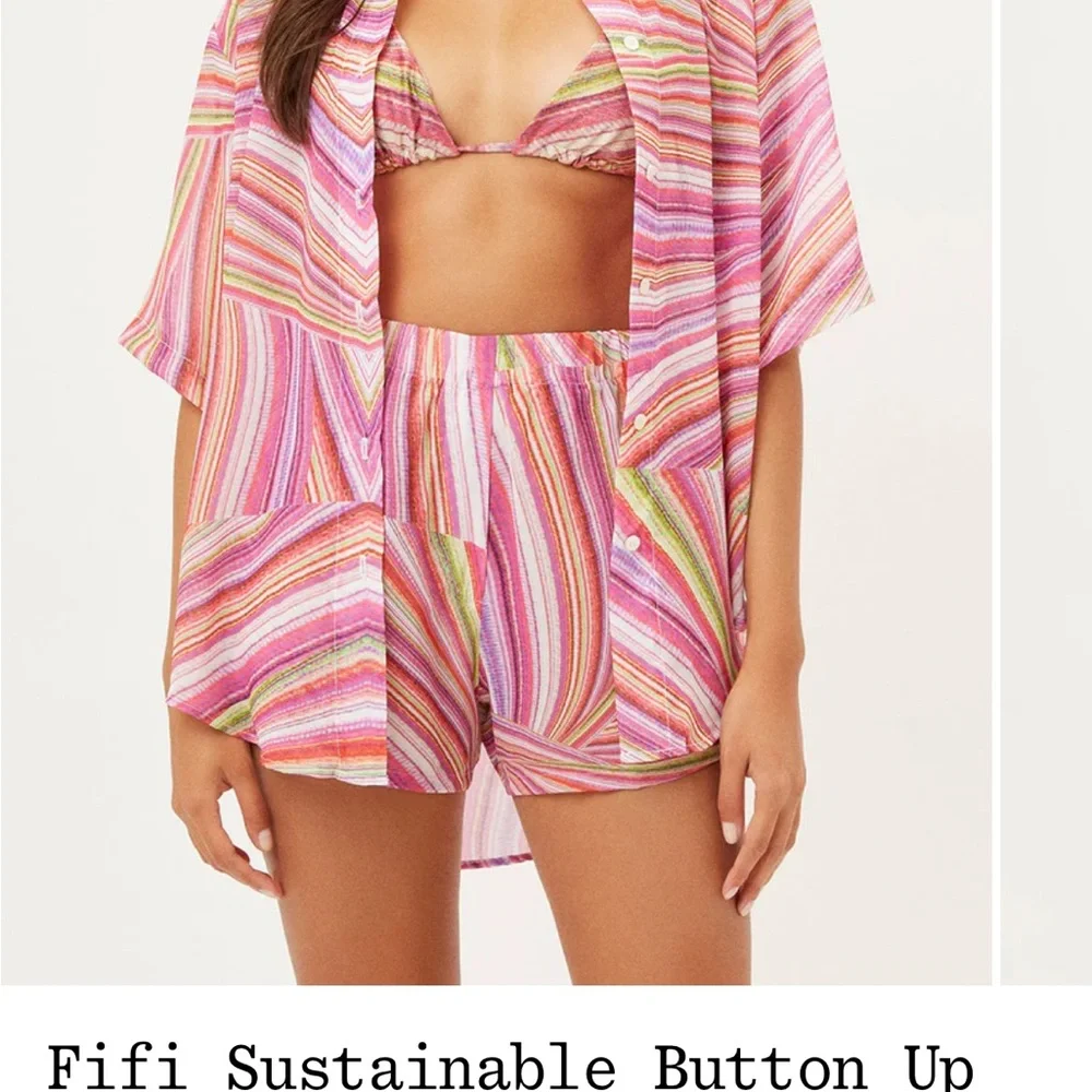 NWT Frankie’s Bikinis Fifi Medium (M) Cover Up/ Button Down Striped Pink Green